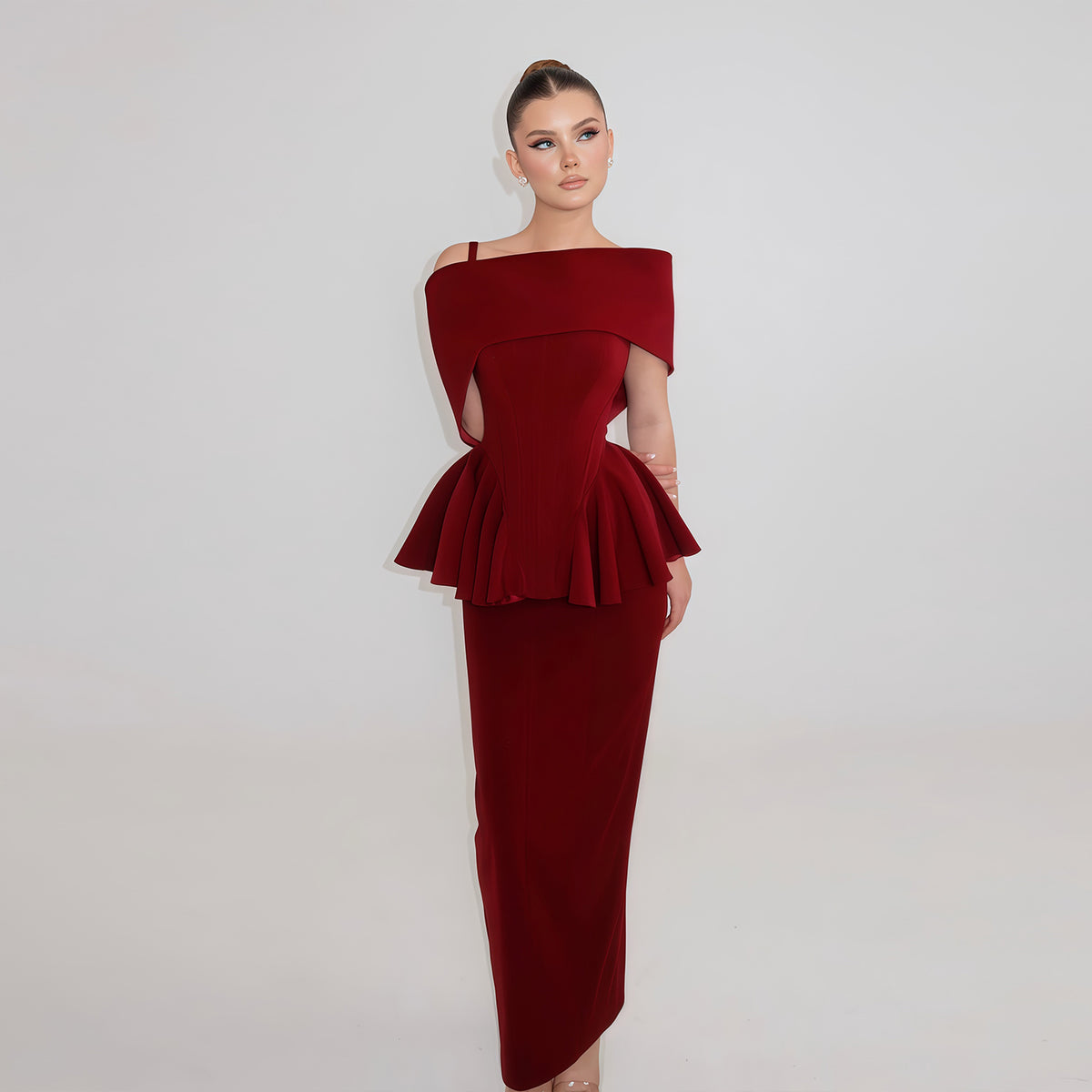 Elegant Wine Red Off-the-Shoulder Peplum Velvet Evening Dress SF233