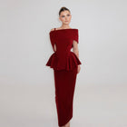 Elegant Wine Red Off-the-Shoulder Peplum Velvet Evening Dress SF233