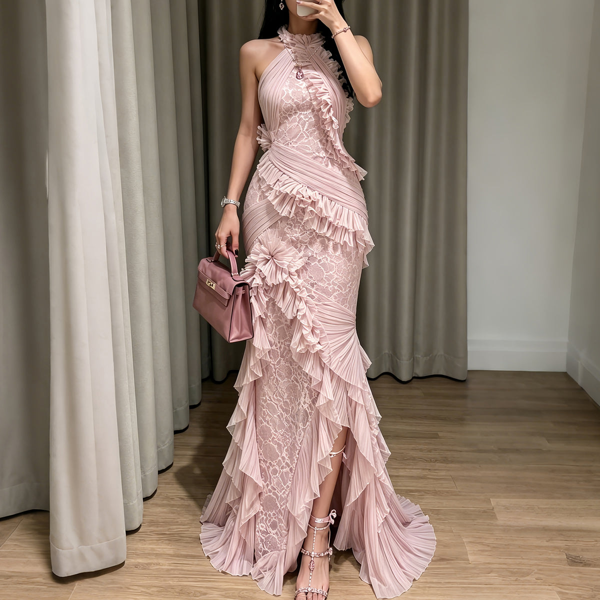Elegant Pink High Neck Ruffled Lace High Slit Evening Dress SF216