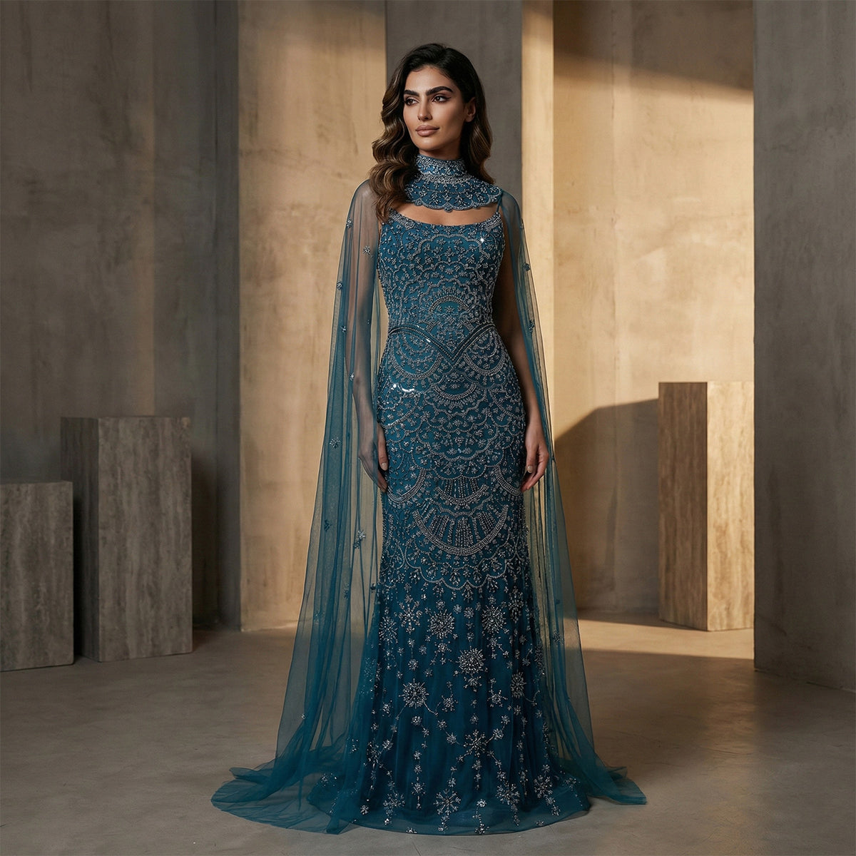 Luxury Teal Halter Neck Beaded Cape Mermaid Evening Dress SS028