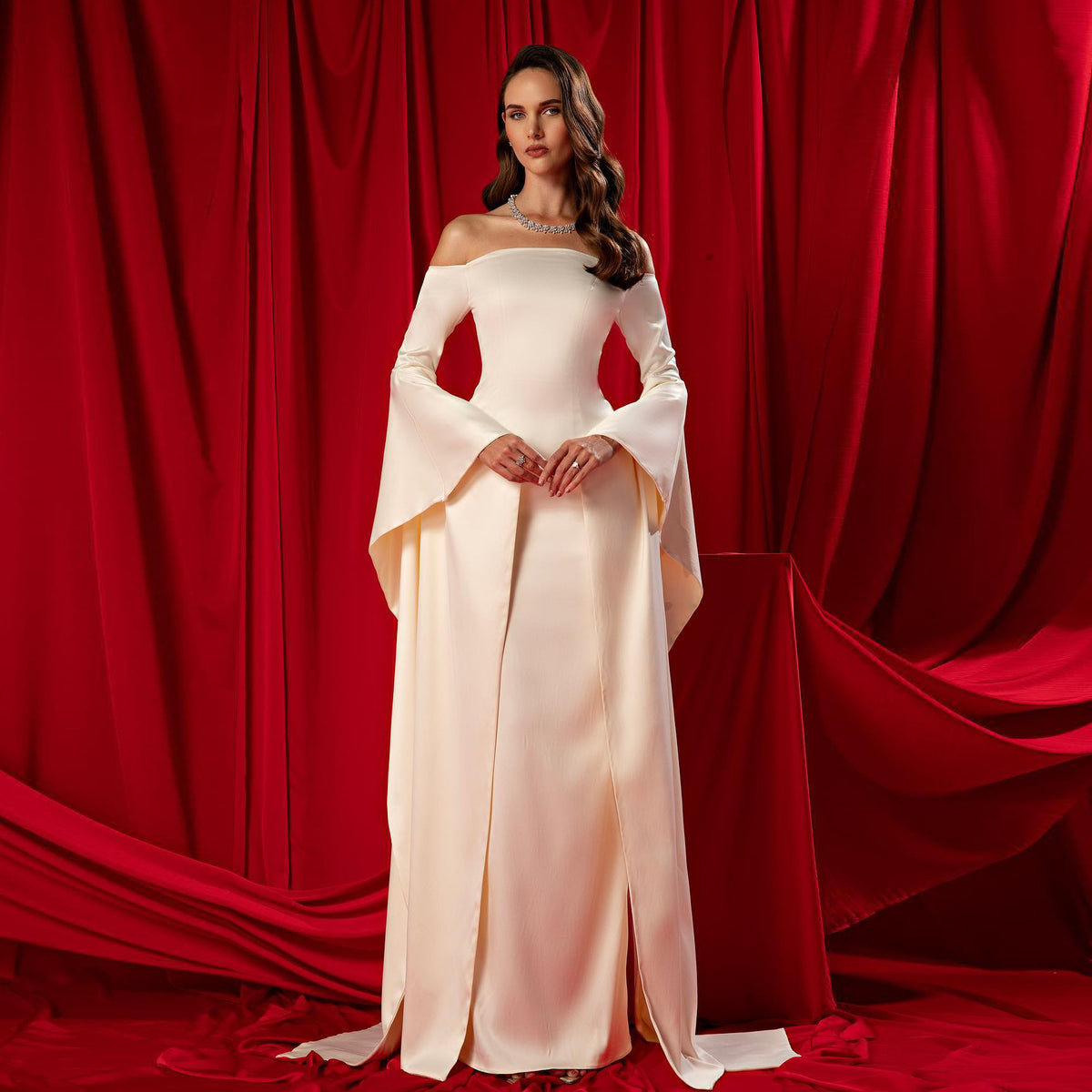 Elegant Lvory Off shoulder Evening Dress SF050