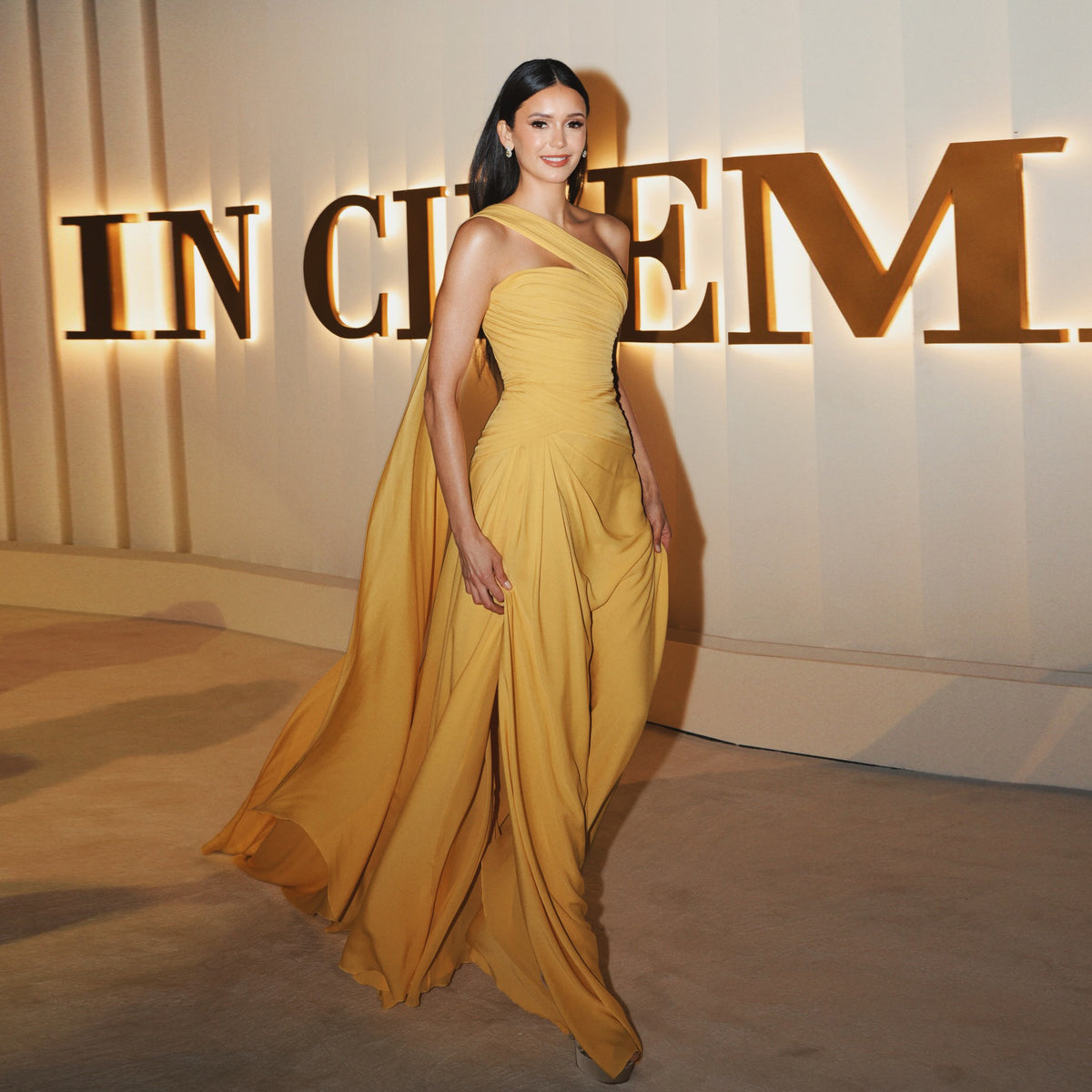 Luxury Marigold One-Shoulder Ruched Fitted Train Evening Dress SF009