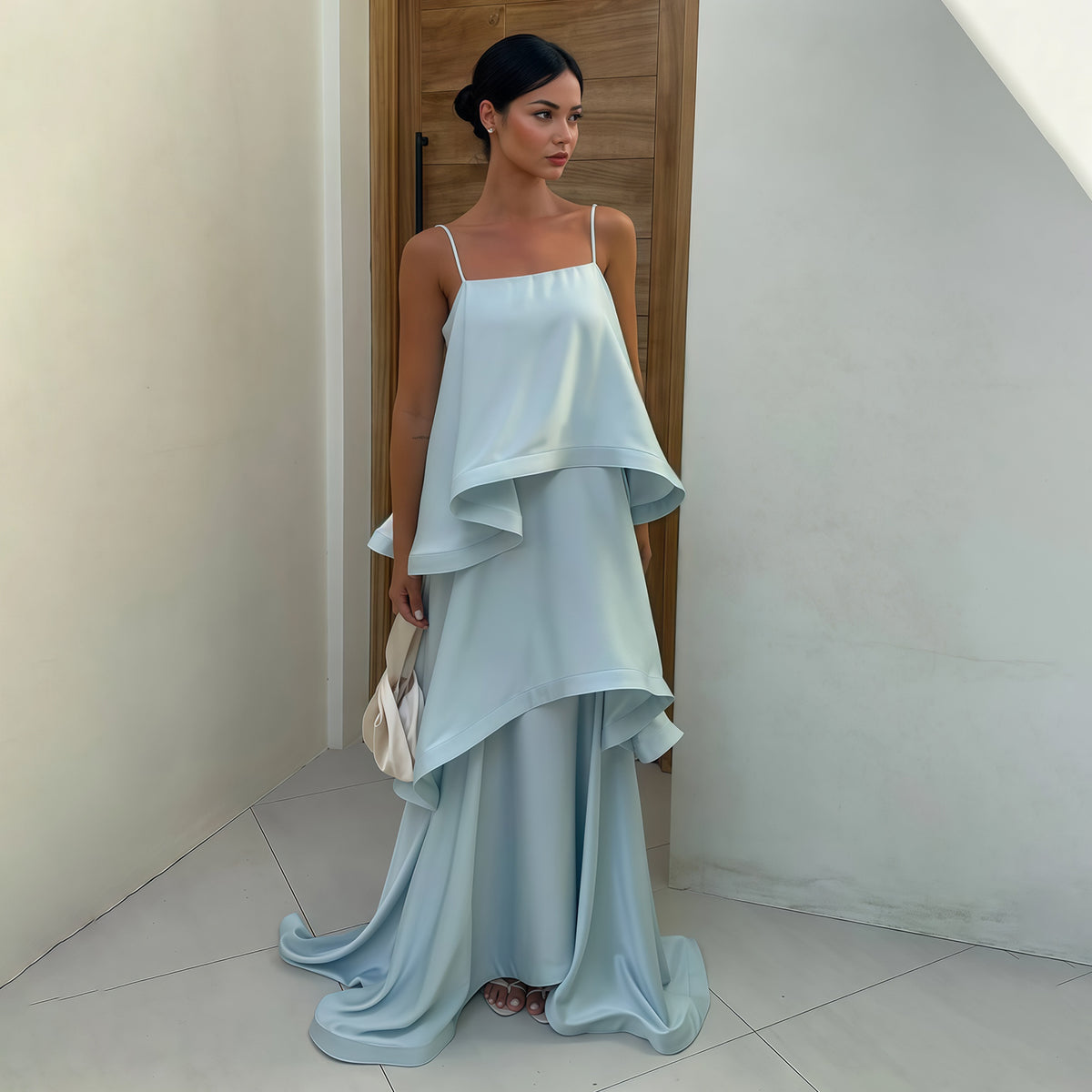 Dreamy Blue Spaghetti Strap Layered Evening Dress SF149