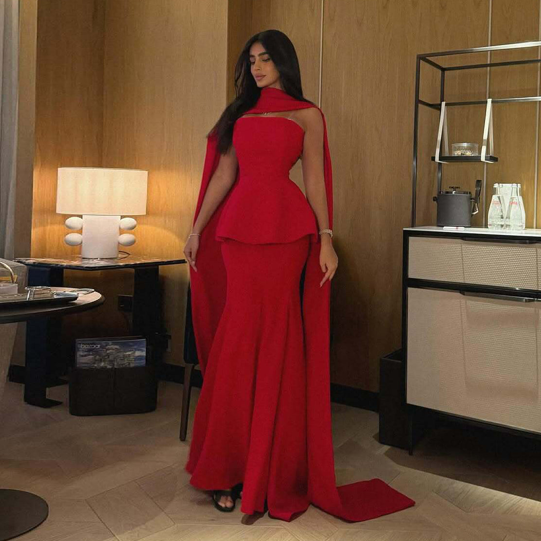 Luxury Red Ruffles Sleeveless Evening Dress with Scarf SF368