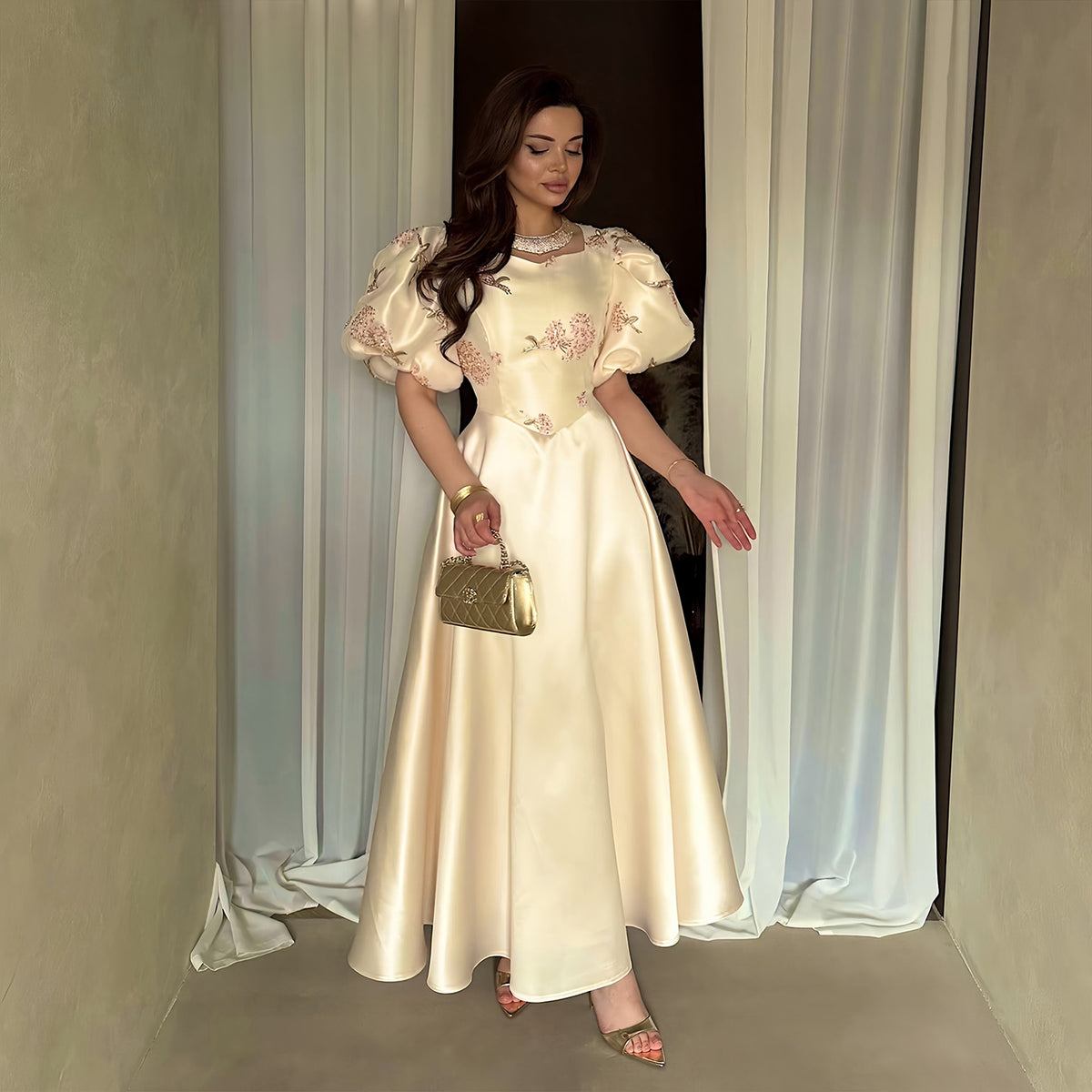 Luxury Champagne Satin Short Sleeve Evening Dress with Floral Embroidered SF516