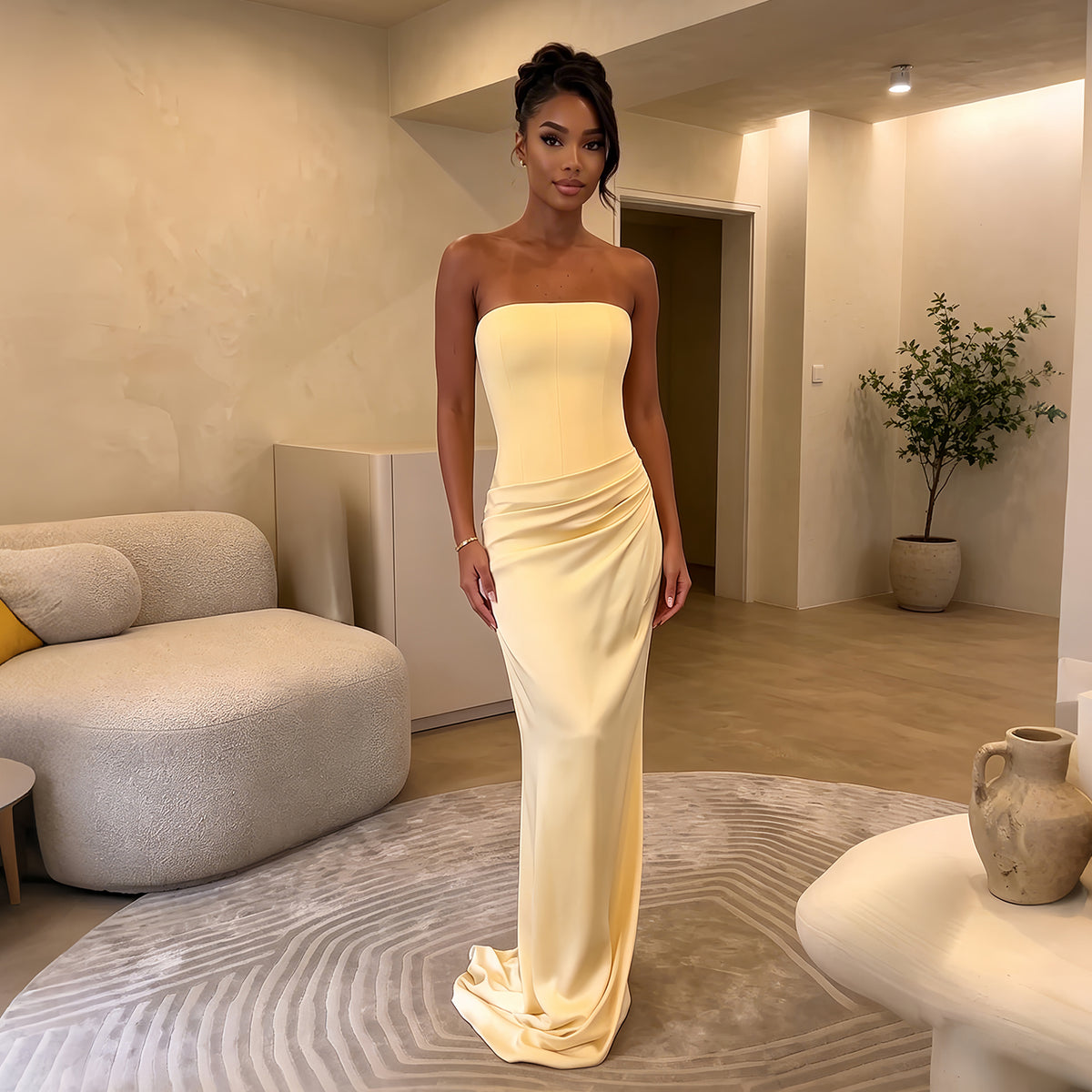 Elegant Yellow Strapless Satin Evening Dress SF114