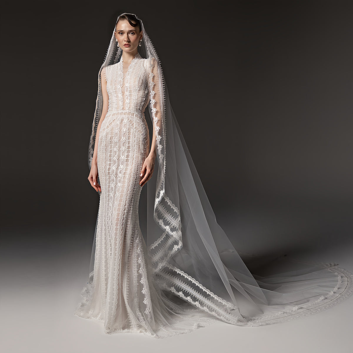 Ivory High Neck Sheer Lace Long Sleeve Mermaid Wedding Dress with Veil SW662
