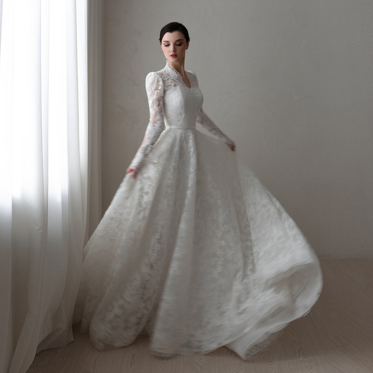 Printed Lace High Neck Wedding Dress with Train SW537