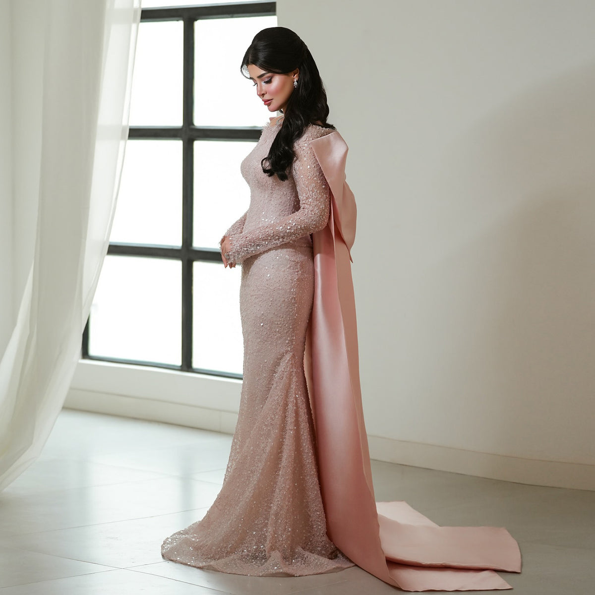Luxury Light Pink Sequin Lace Print Evening Dress with Cape SF428