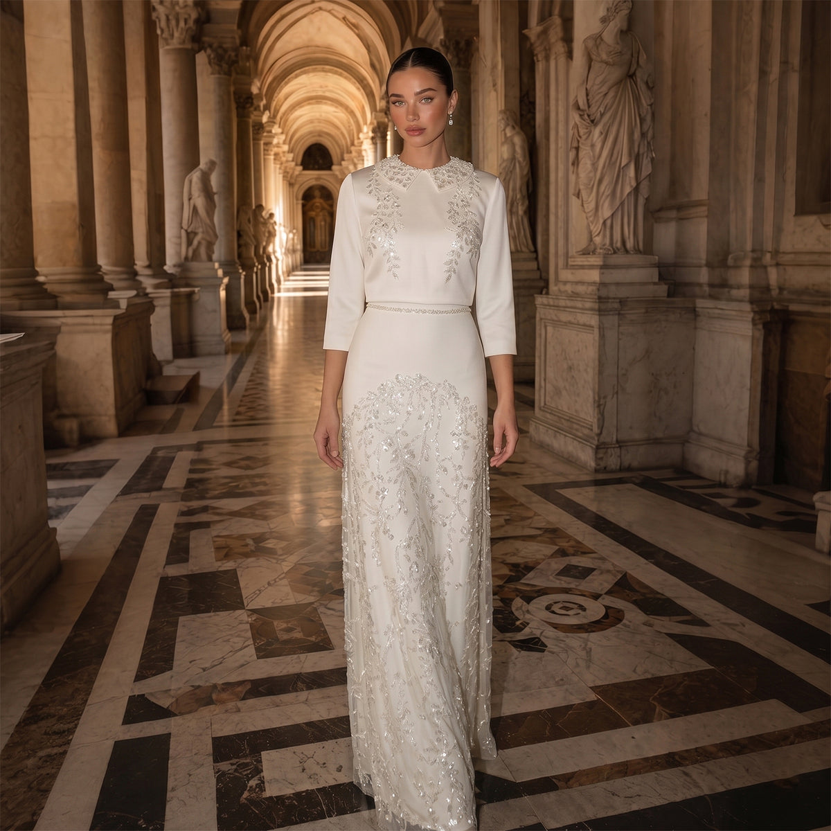 Elegant Arabic Beaded Two Piece Evening Dress with Sleeves SS214