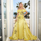Elegant Yellow Crystal Embroidery Satin Evening Dress with Overskirt SS447