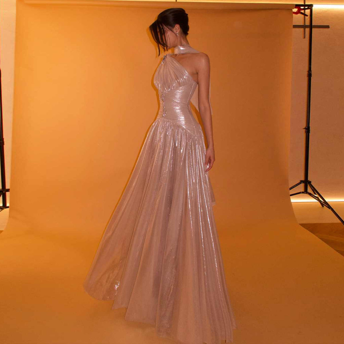 Pink One-Shoulder Sheer Waist-Fitted Elegant Evening Dress SF235