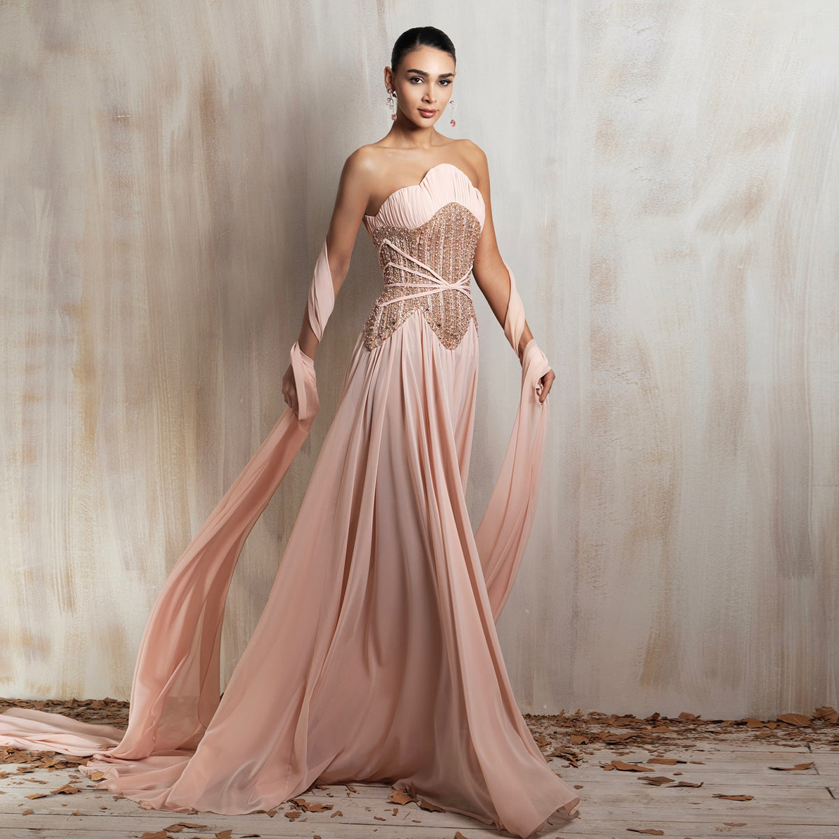 Elegant Pink Corset Lace-Up Back Long Flowy Scarf Floor Evening Dress SS532