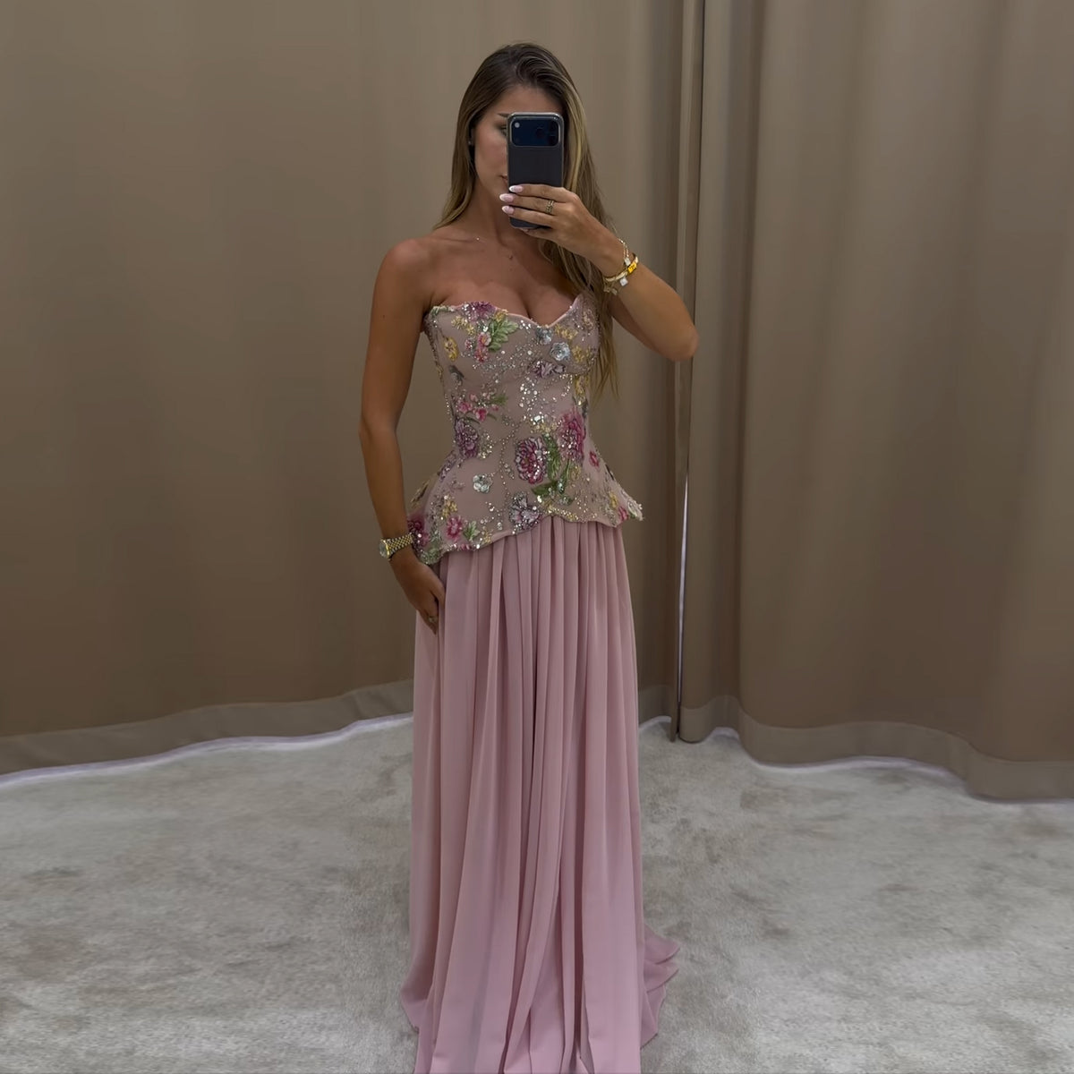 Luxury Pink Floral Embellished Peplum Evening Dress with Scarf SS480