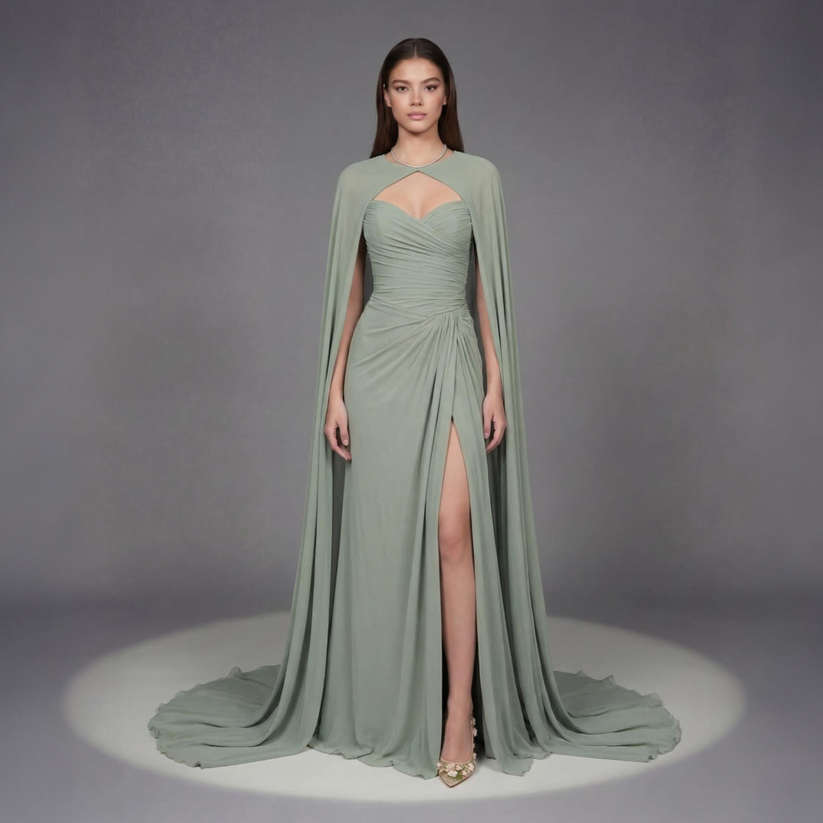 Elegant Sage Green Chiffon Mermaid Evening Dress with Cape SF246