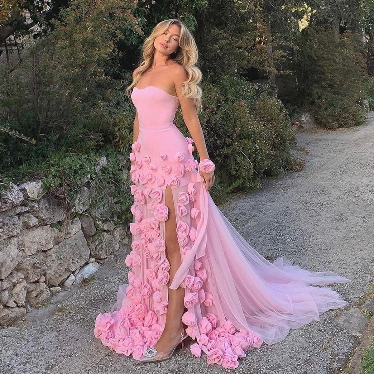 Chic Pink 3D Flowers Strapless Mermaid Evening Dress Side Slit SS207