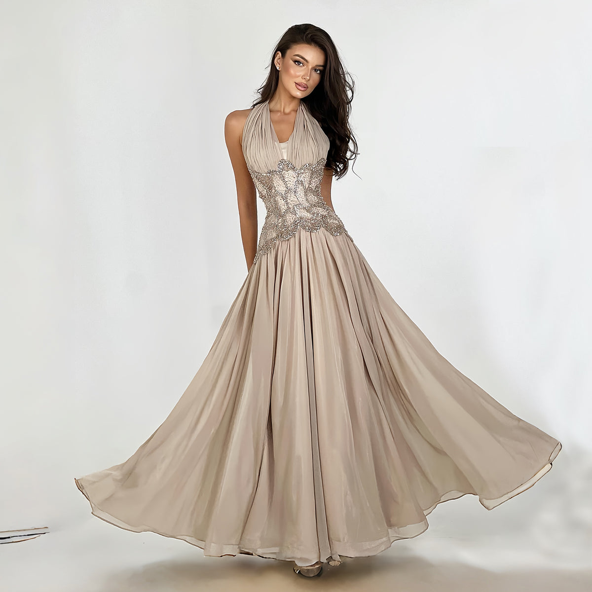 Luxury Khaki Halter Neck Beaded Chiffon Evening Dress SF230