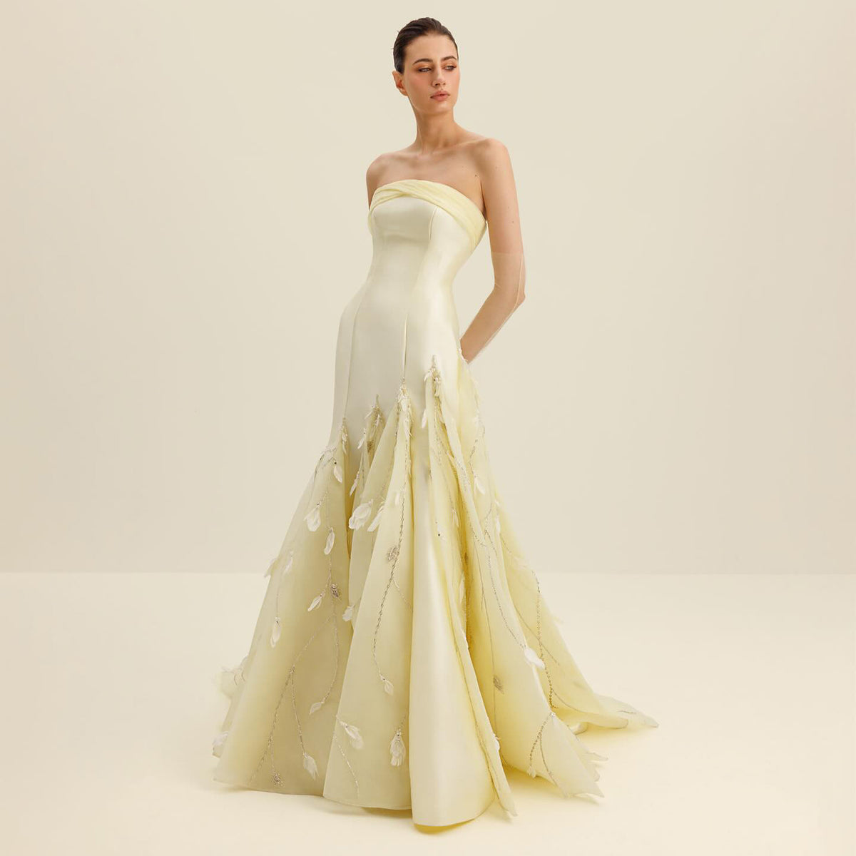 Glamorous Feather Yellow Evening Dress with Gloves SS748