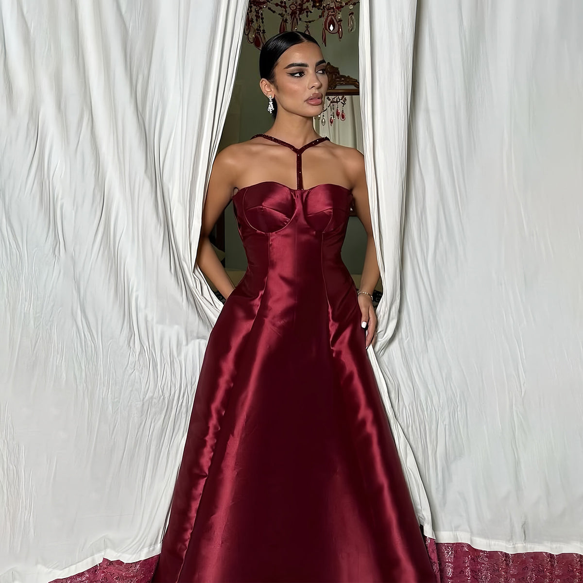 Glamorous Burgundy Halter Neck Satin Evening Dress with Overskirt SF465