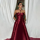 Glamorous Burgundy Halter Neck Satin Evening Dress with Overskirt SF465
