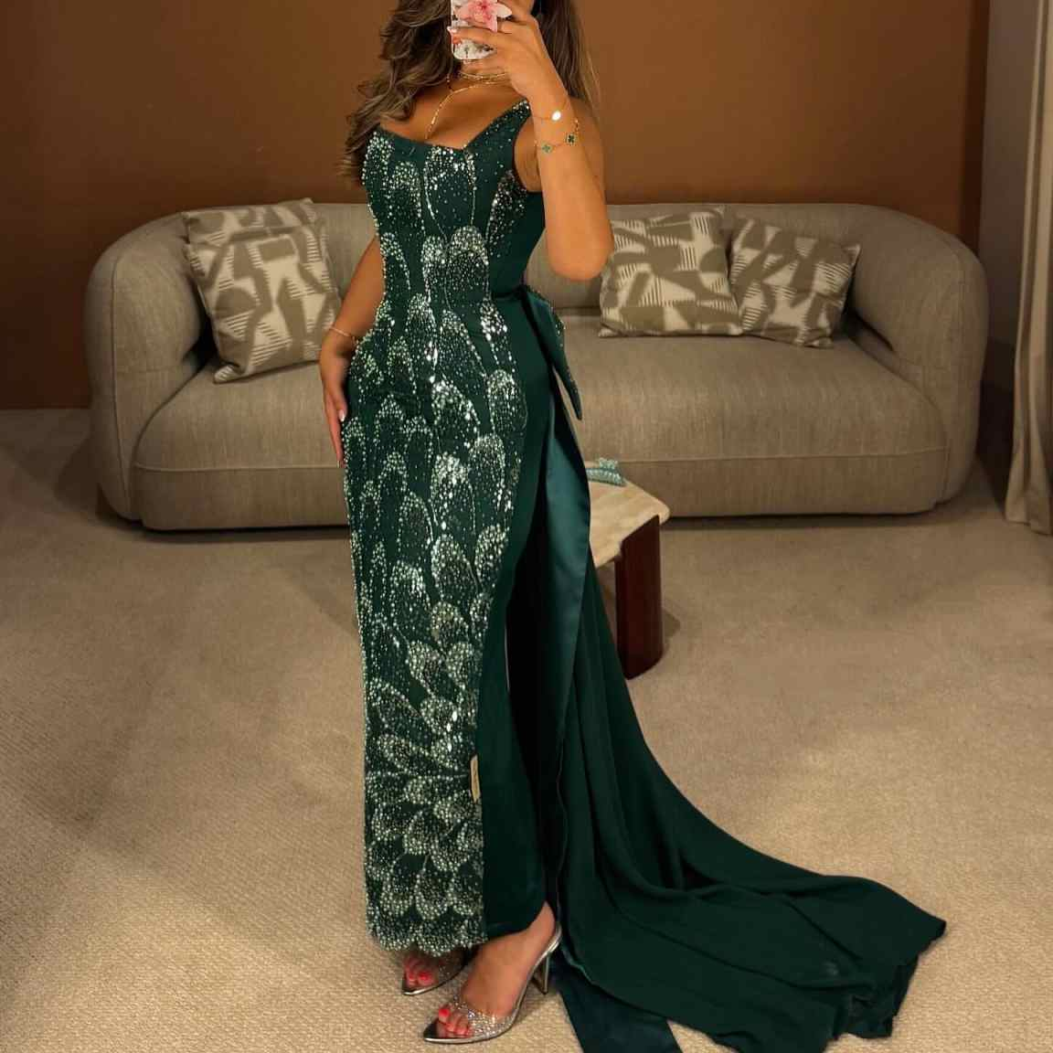 Stunning Emerald Green Sequin Train Evening Dress with Bow Overskirt SS648