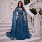 Glamorous Blue Vertical Rhinestone Sequin One Shoulder Chiffon Cape Formal Evening Dress SS052