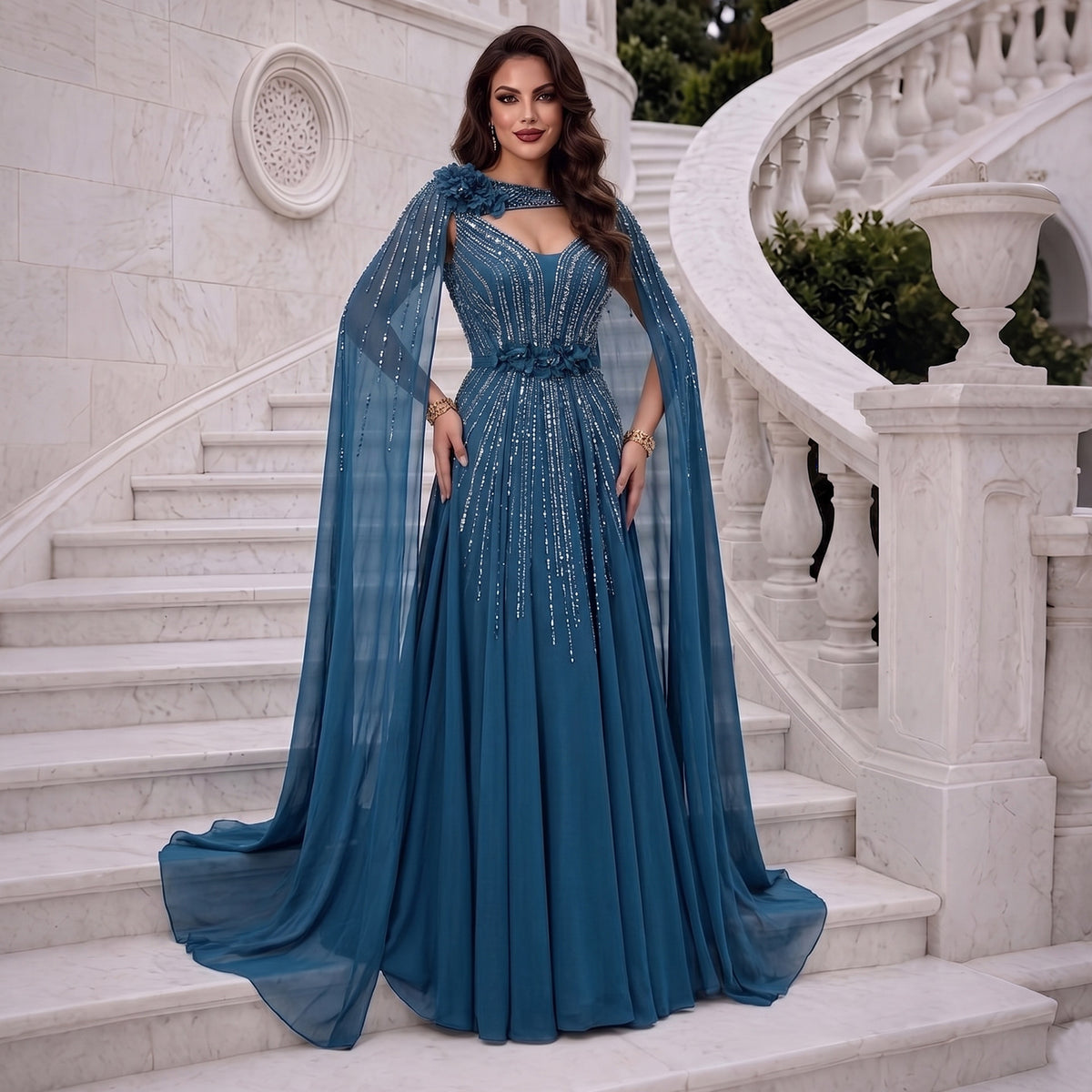 Glamorous Blue Vertical Rhinestone Sequin One Shoulder Chiffon Cape Formal Evening Dress SS052