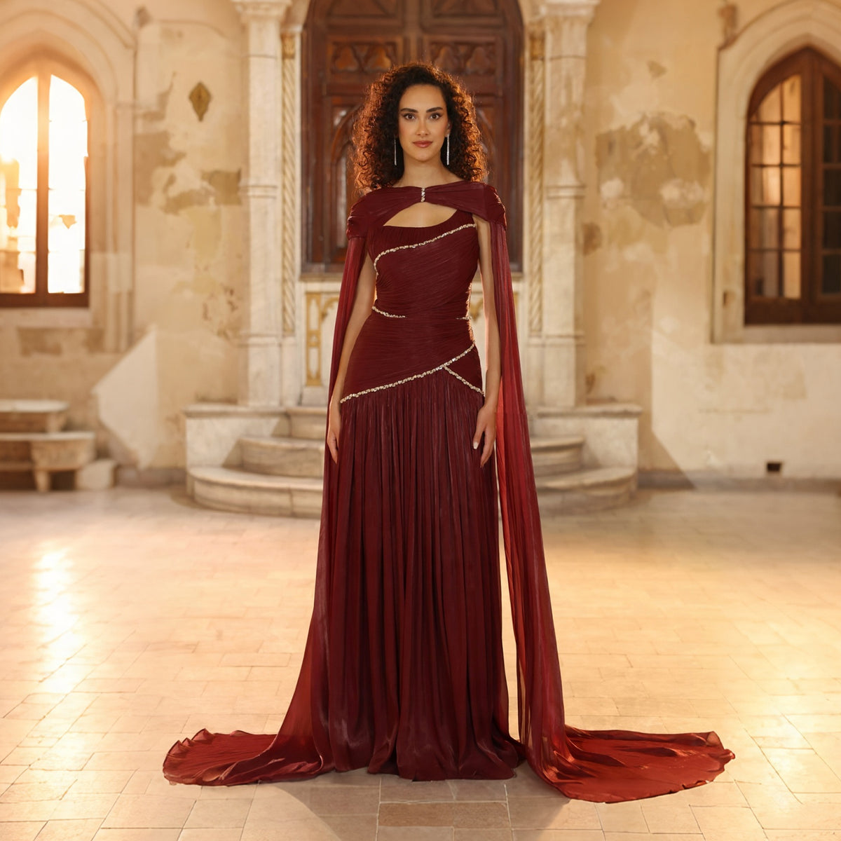 Luxury Wine Red Crystal Beaded Cape Sleeve Pleated Evening Dress SF188