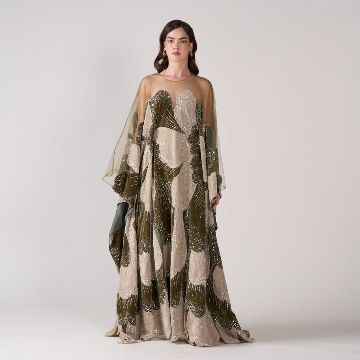 Avant-Garde Beaded Velvet Sheer Cape Evening Dress with Floral Motifs SS669