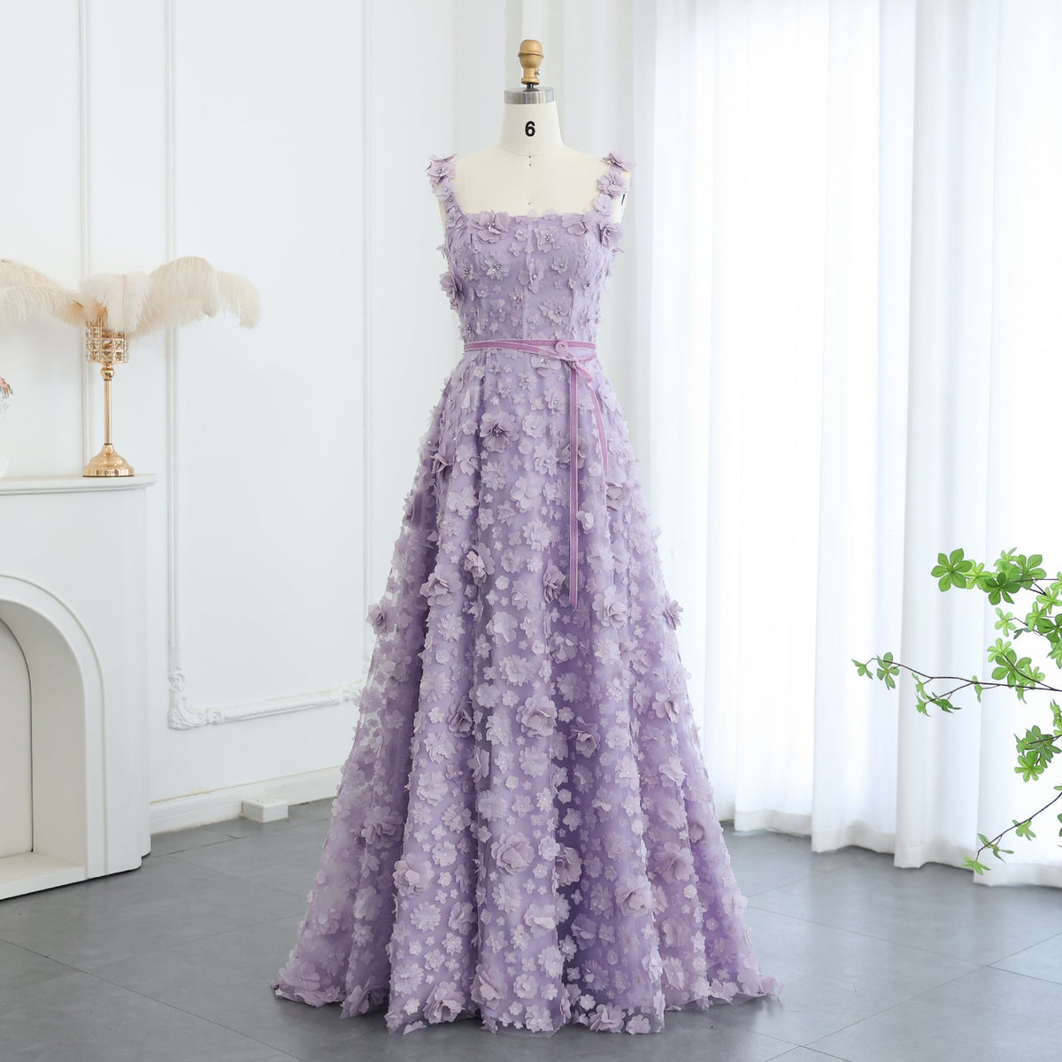 Chic Lilac 3D Embroidered Flowers Evening Dress with High Slit SS357