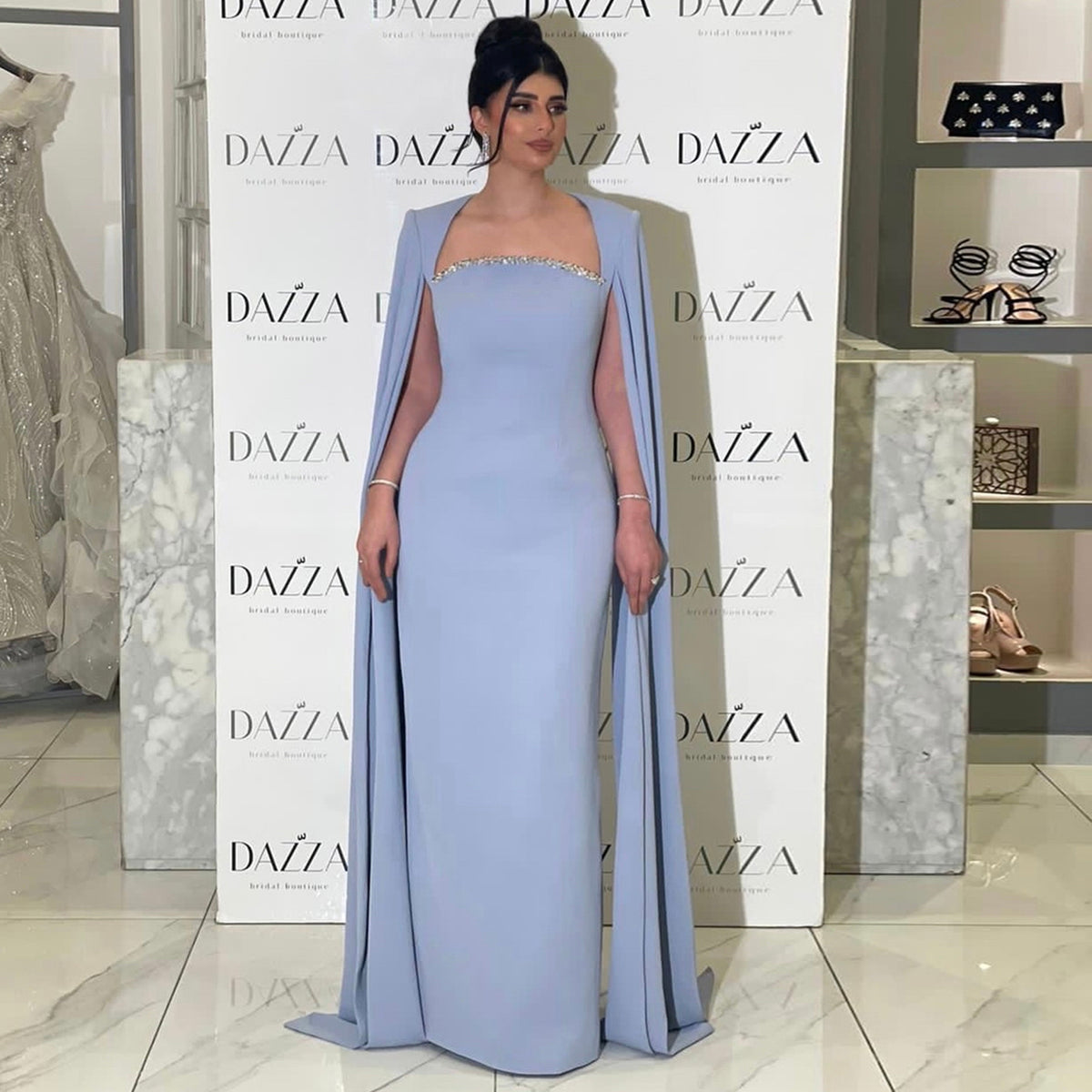 Elegant Crystal Light Blue Satin Evening Dress with Cape Sleeve SF486