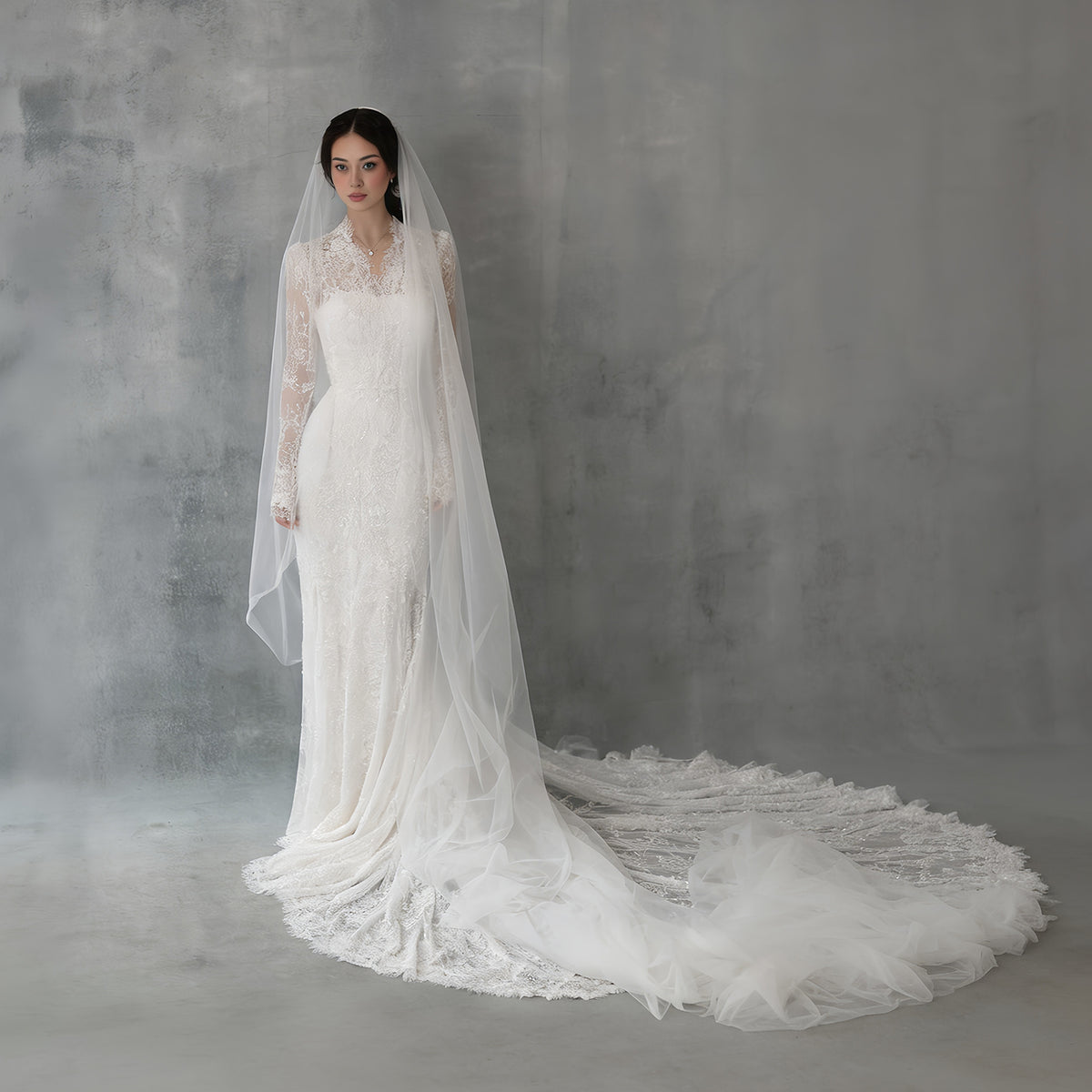 Ivory Lace High Neck Long Sleeve Train Mermaid Wedding Dress with Veil SW274