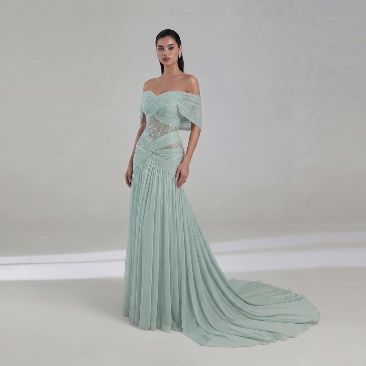 Elegant Aqua Off-shoulder Evening Dress with Sheer Corset SF244
