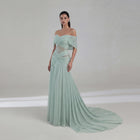Elegant Aqua Off-shoulder Evening Dress with Sheer Corset SF244