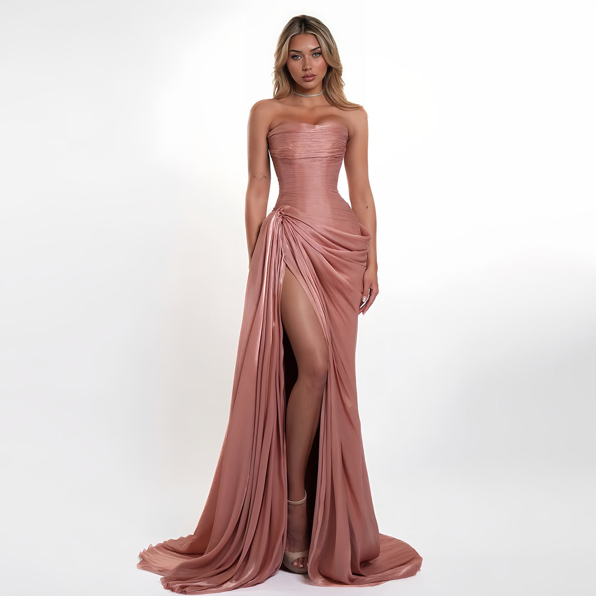 Luxury Rose Pink Strapless High Slit Evening Dress with Overskirt SF053