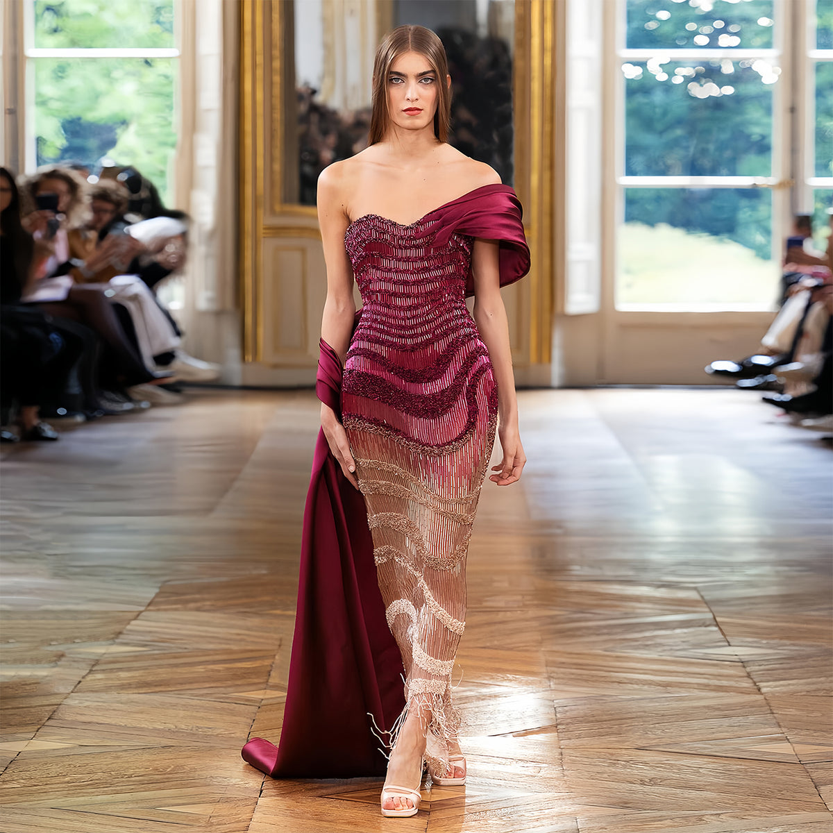 Elegant Burgundy Ombre Beaded Off-Shoulder Mermaid Evening Dress with Cap SS530
