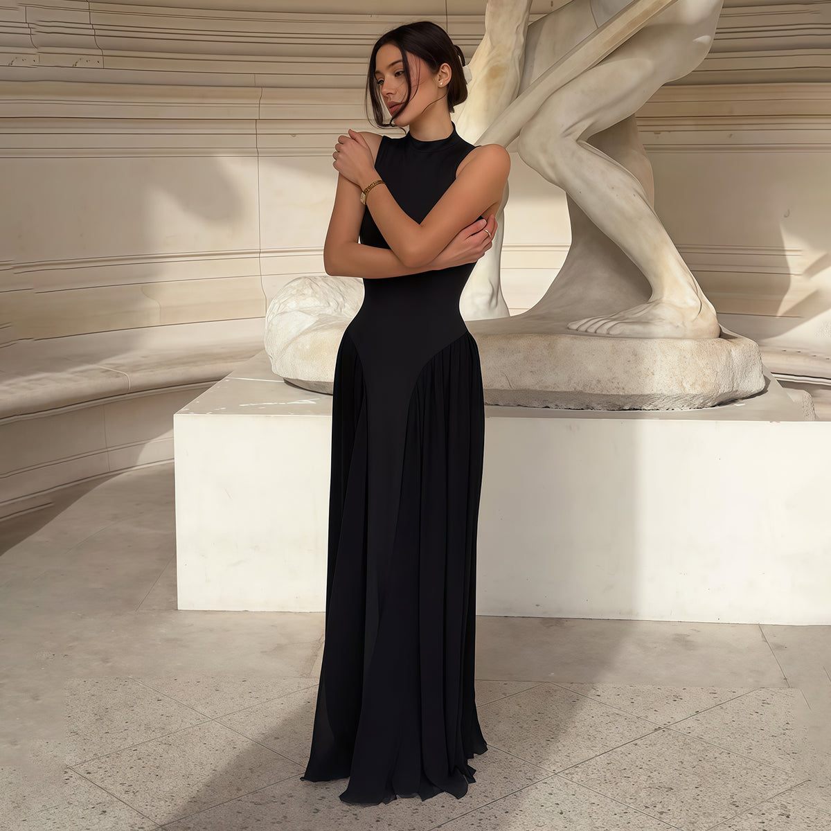 Elegant Black High Neck Satin Evening Dress SF154