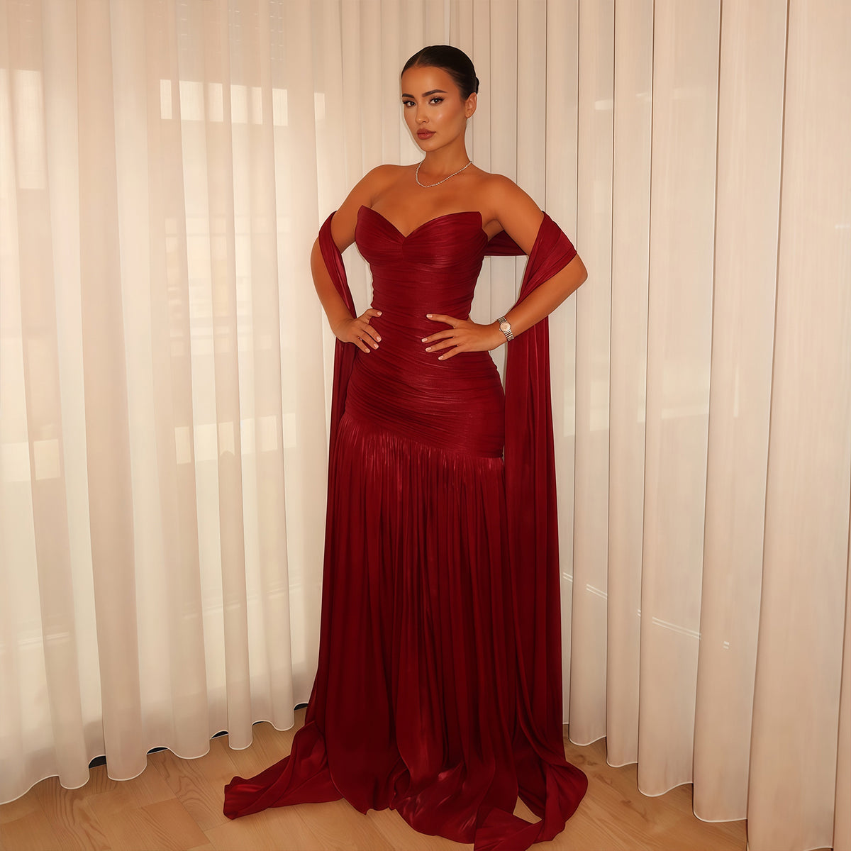 Luxury Wine Red Sweetheart Neck Ruched Evening Dress with Draped Cape SF263