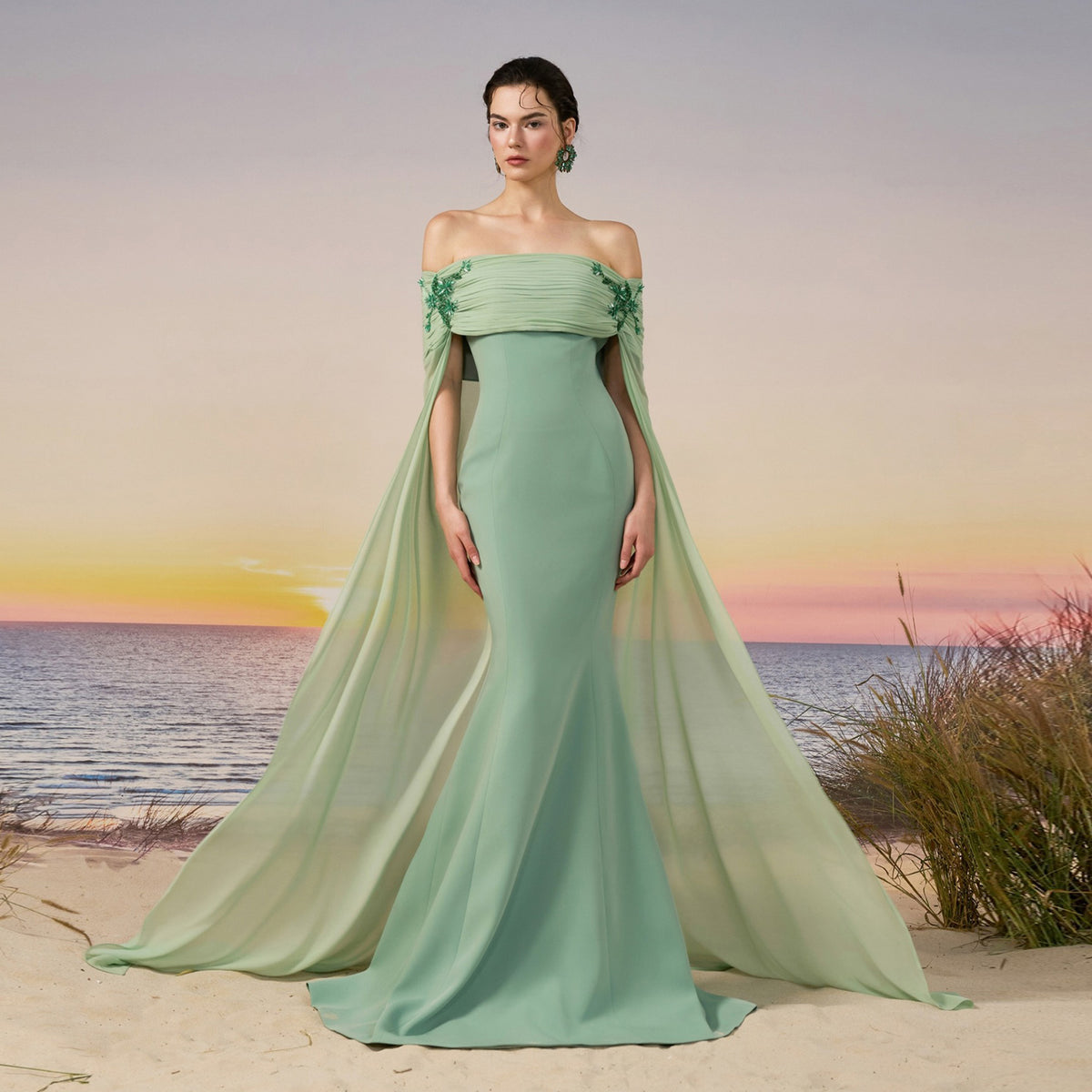 Romantic Green Off-the-Shoulder Beaded Cape Sleeve Evening Dress SF004