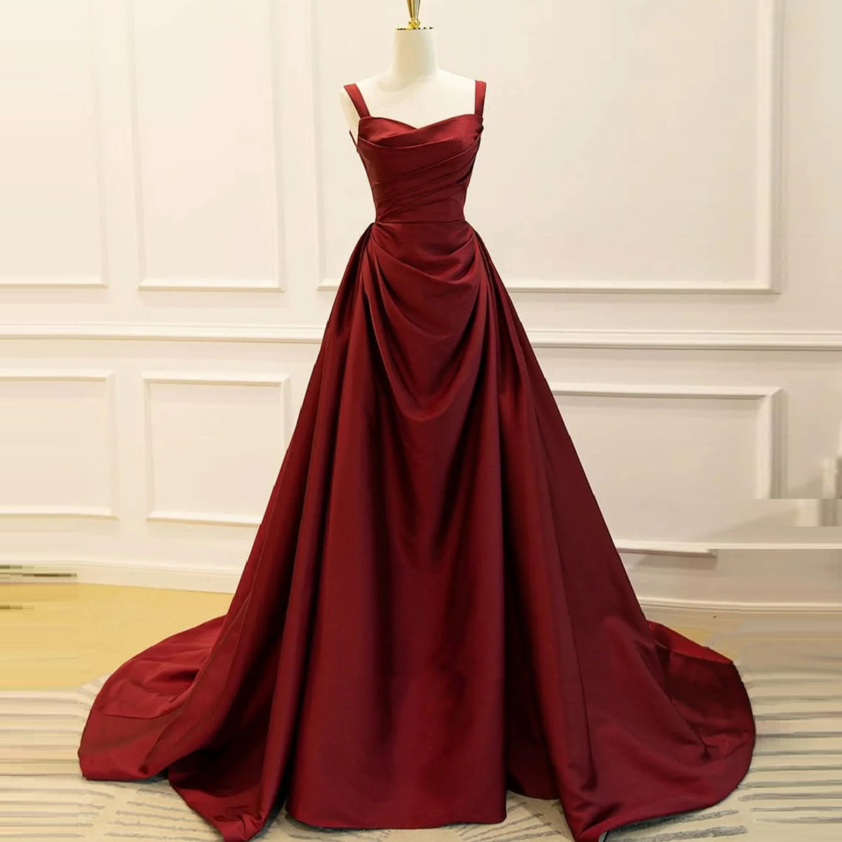 Luxury Wine Red Satin Ball Gown Evening Dress with Overskirt SF089