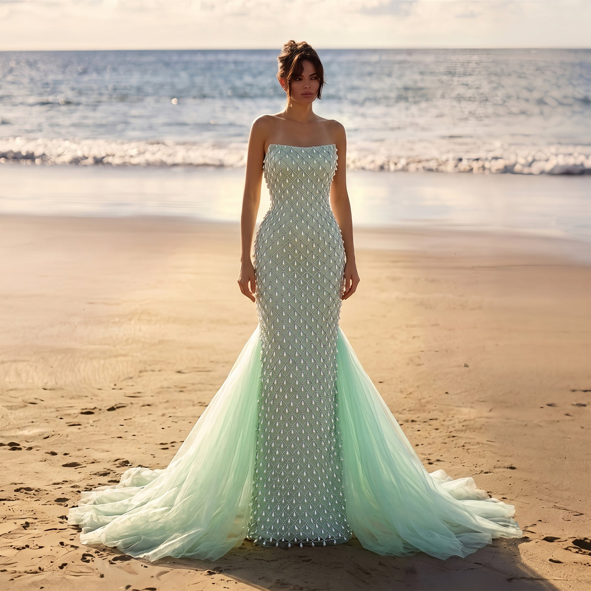 Luxury Pearls Sage Green Strapless Mermaid Evening Dress with Cape SS431