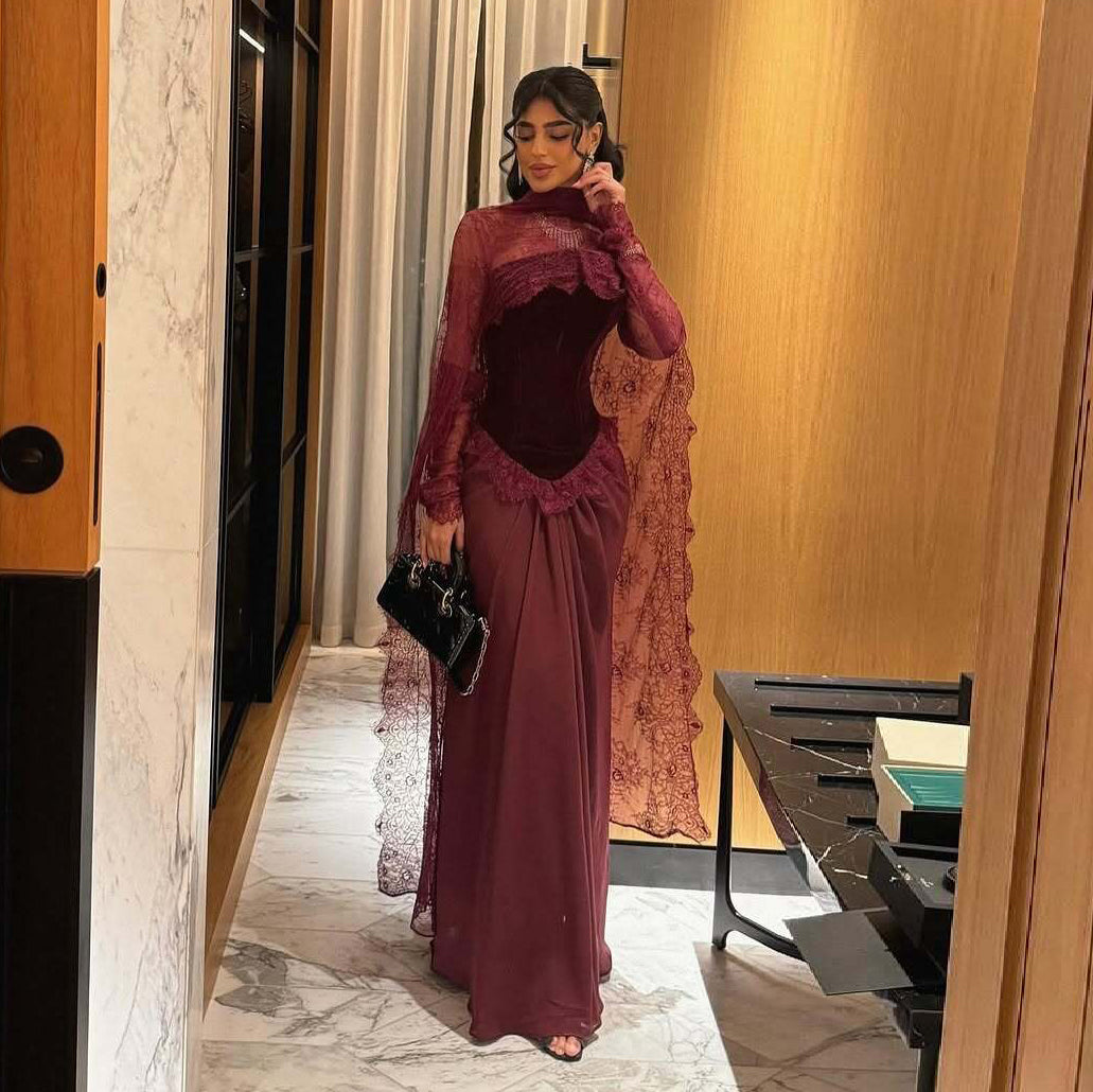 Luxury Burgundy Lace Panel Long Sleeve Fitted Evening Dress with Cape SF462
