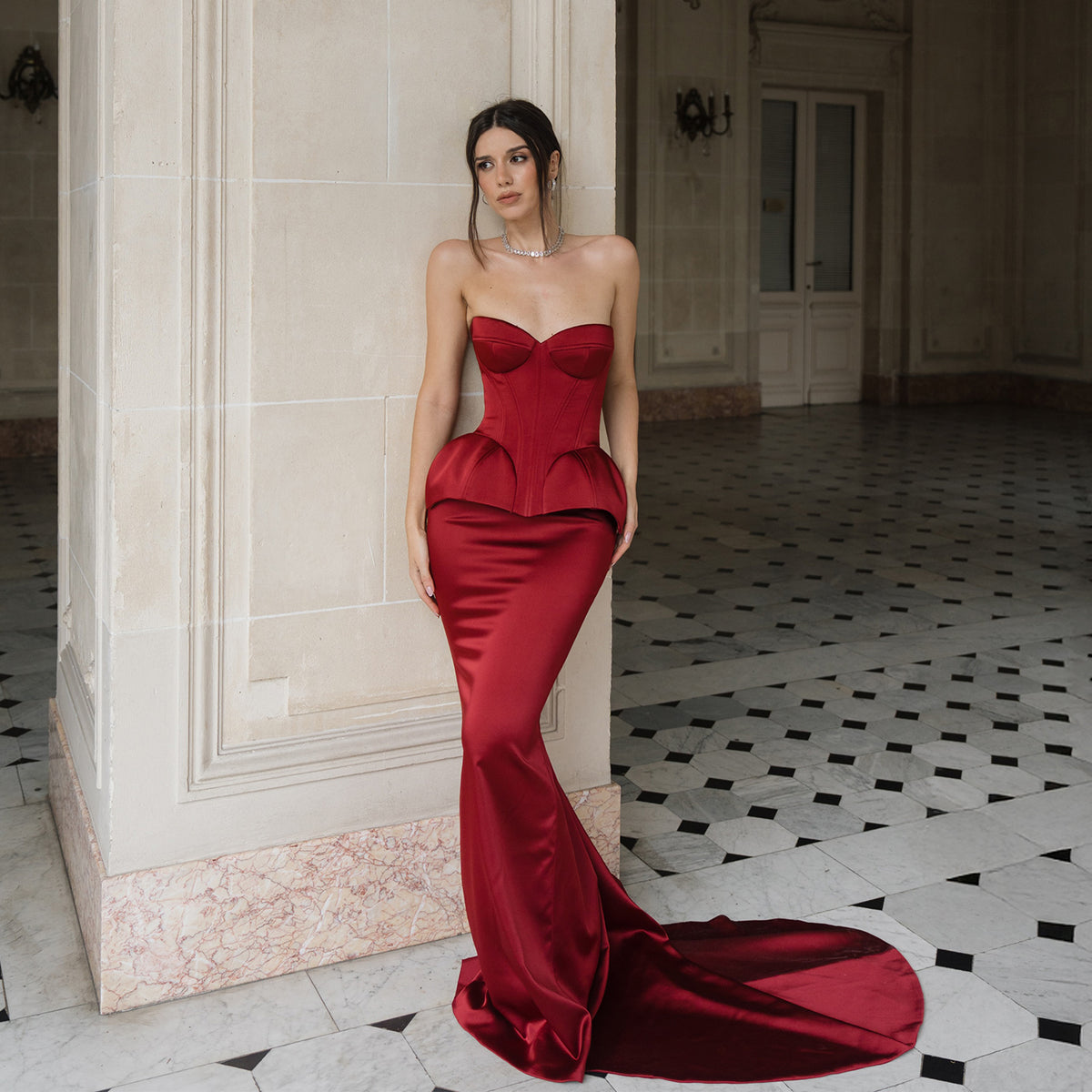 Luxury Wine Red Strapless Corset Evening Dress Satin Mermaid SF228