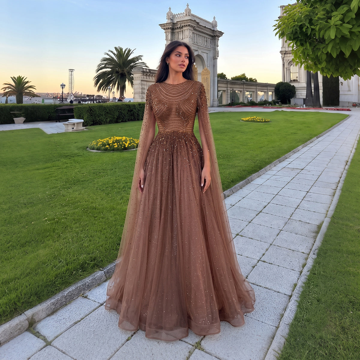 Regal Caramel Brown Beaded Jewel Neck Evening Gown with Sheer Cape Sleeves SS059
