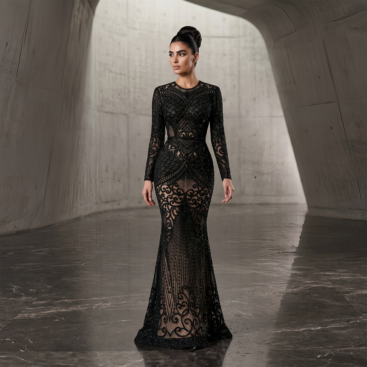 Luxury Dark Green Long Sleeve Beaded Mermaid Evening Dress SS056
