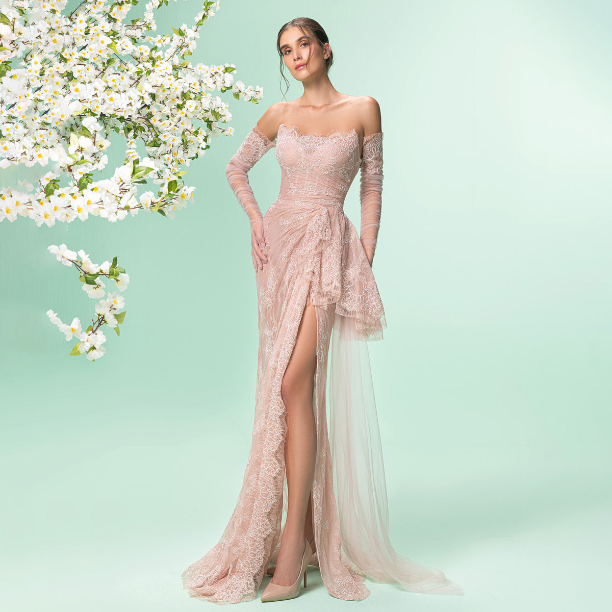 Elegant Pink Mermaid Evening Dress with Gloves SF204