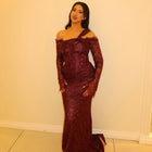 Luxury Wine Red Sequin Off-the-Shoulder Lace Mermaid Evening Dress SF459