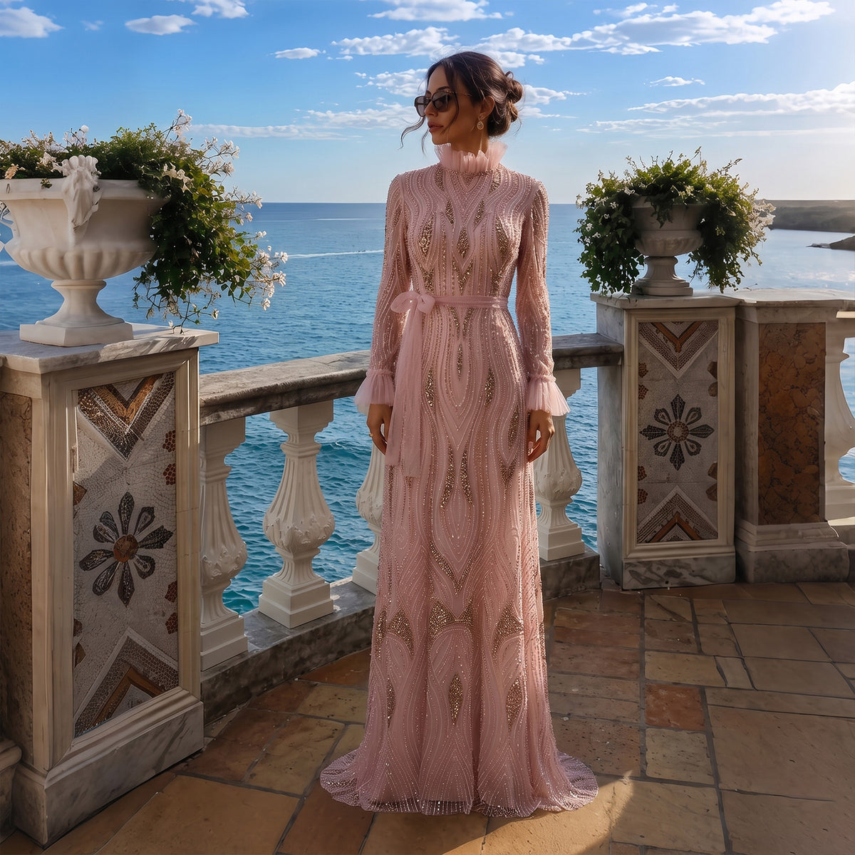 Elegant Pink High-Neck Beaded Embroidered Evening Dress with Belt SS386