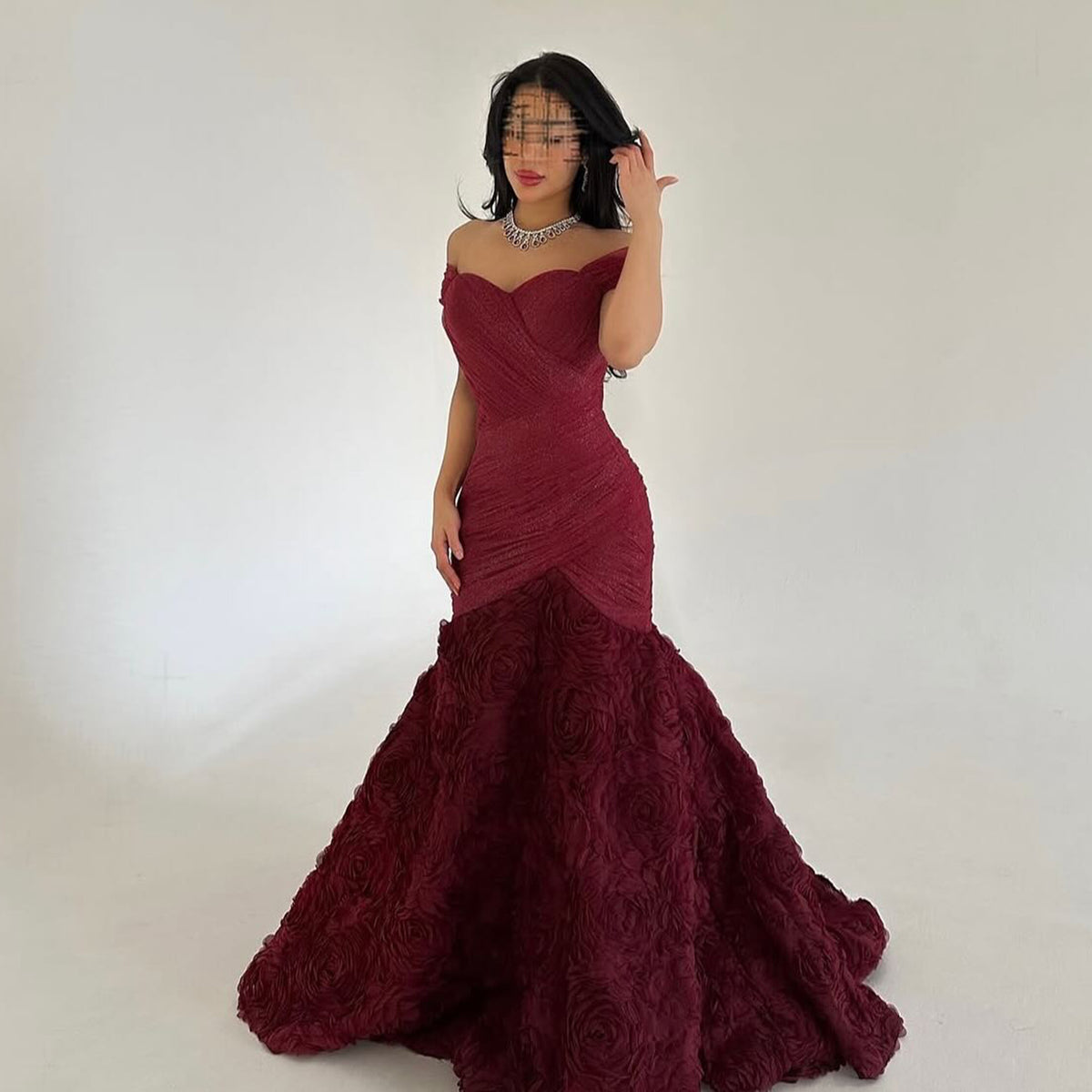 Glamorous Off-Shoulder Burgundy 3D Floral Mermaid Evening Dress SF169