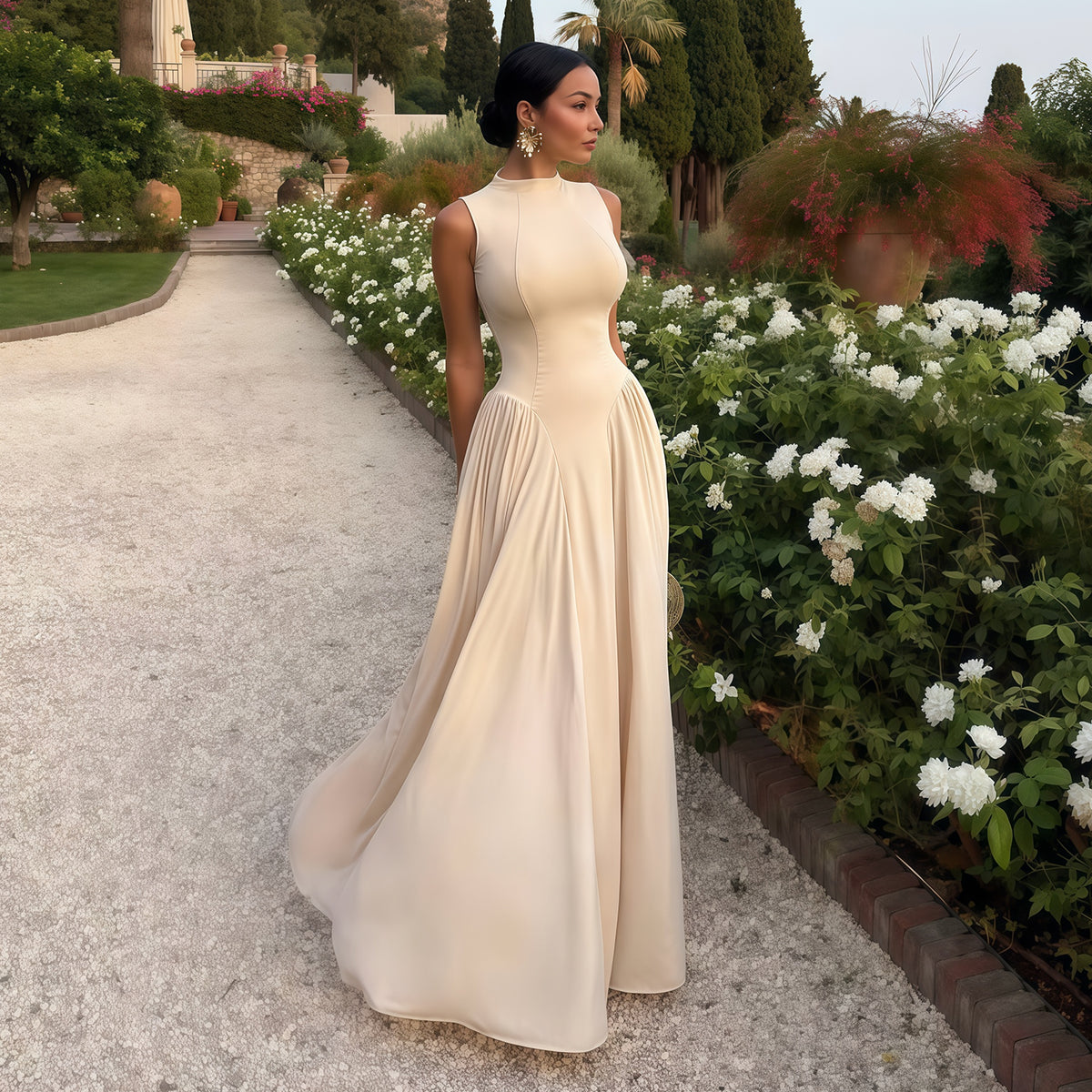 Elegant Beige High Neck Satin Evening Dress with Draped Skirt SF153